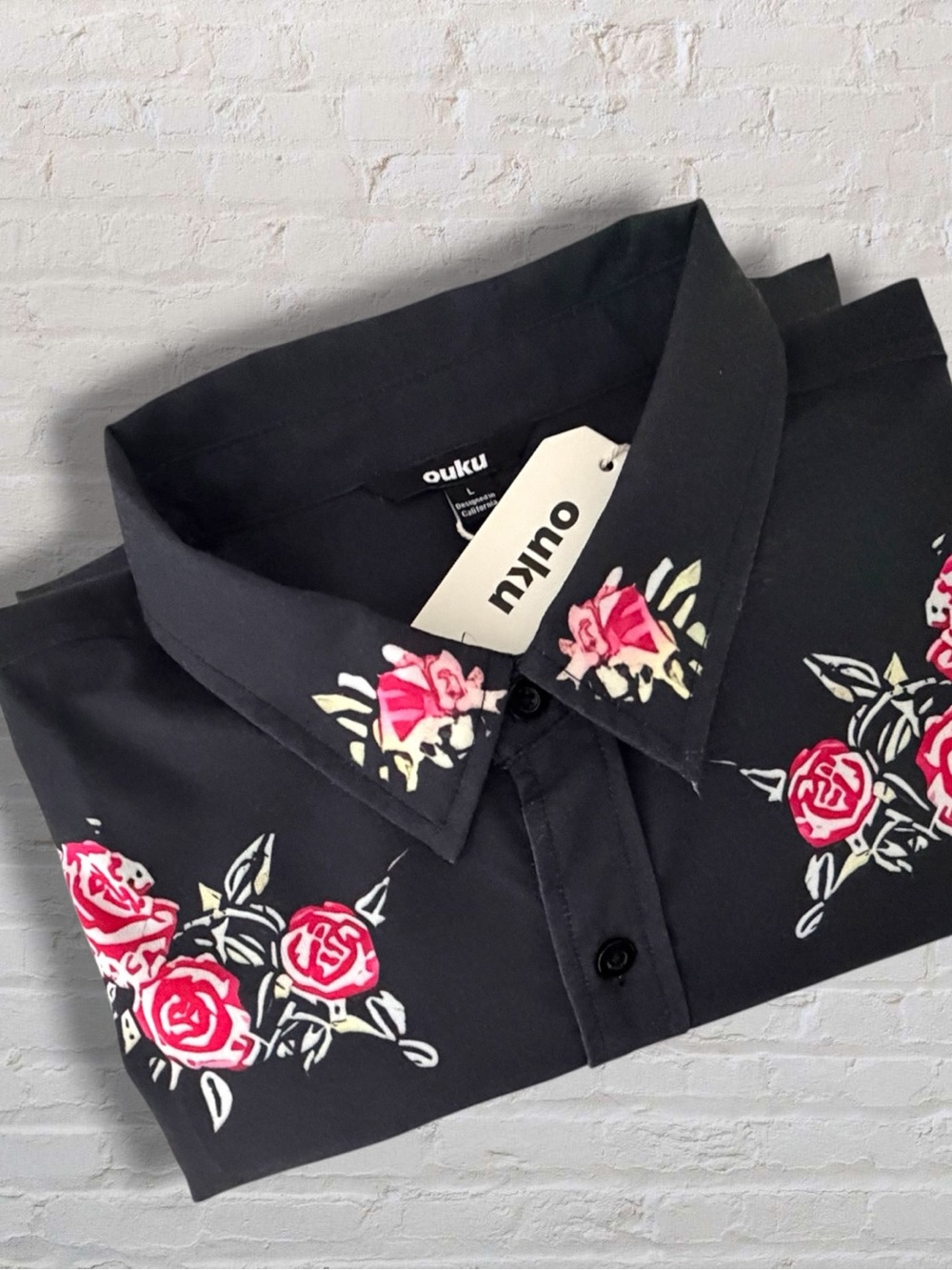 OUKU Men’s L Black Western Shirt Rose Skull Floral Cowboy Button Up NWT - Picture 10 of 13